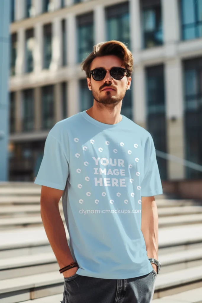 Man Wearing Light Blue T-shirt Mockup Front View Template