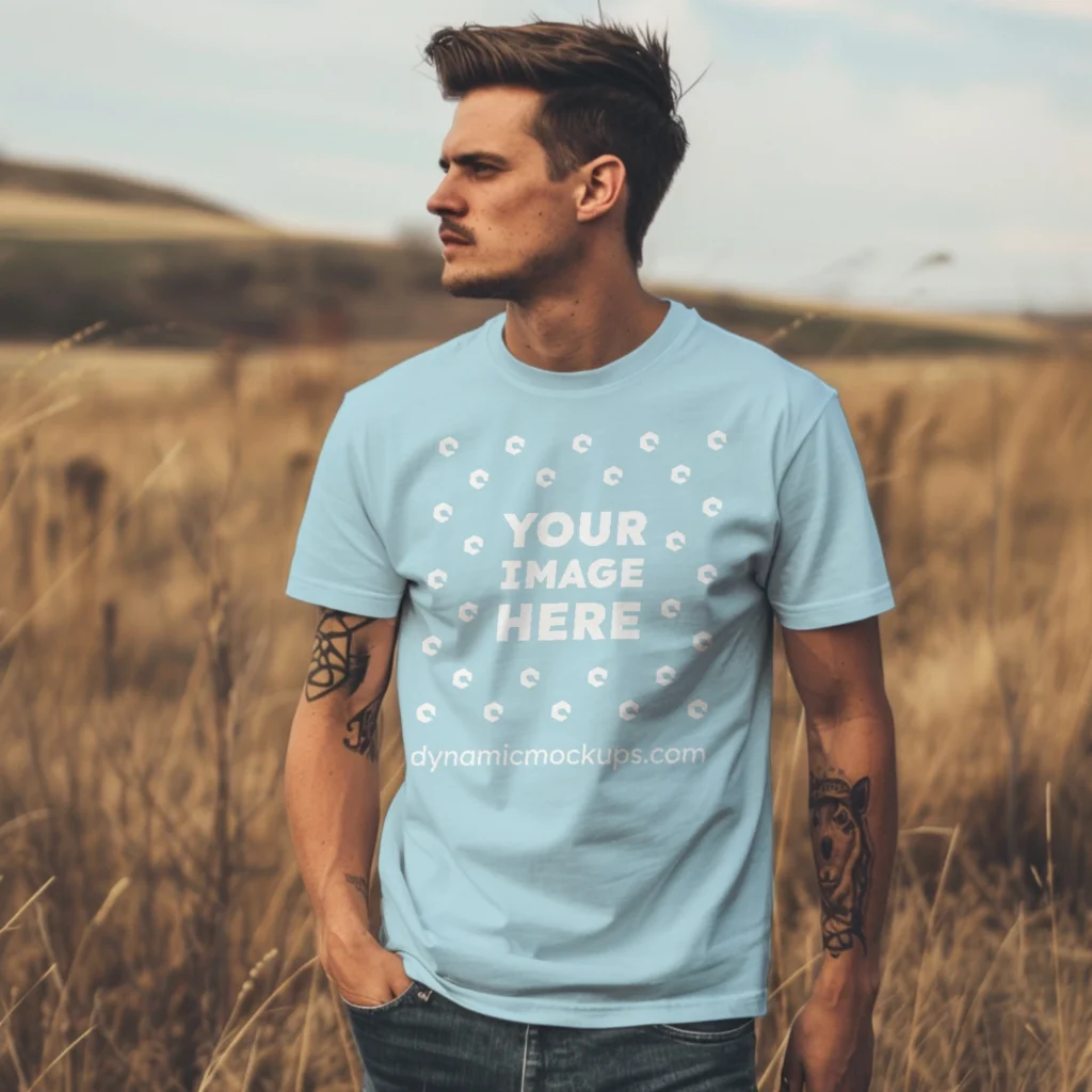 Man Wearing Light Blue T-shirt Mockup Front View Template