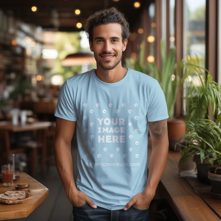 Man Wearing Light Blue T-shirt Mockup Front View Template