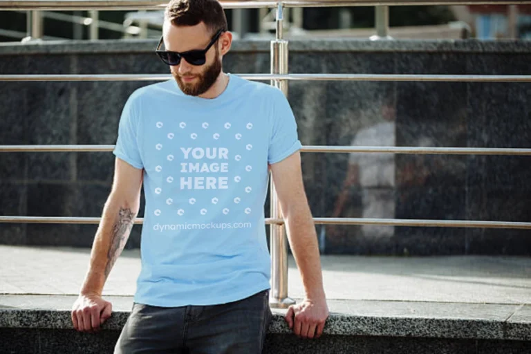 Man Wearing Light Blue T-shirt Mockup Front View Template