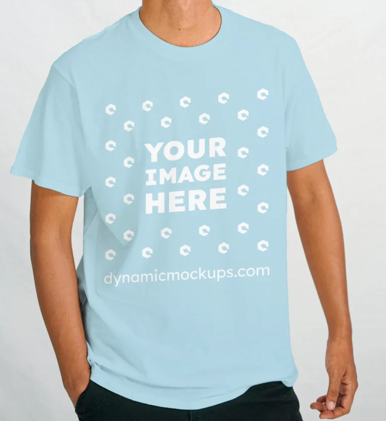 Man Wearing Light Blue T-shirt Mockup Front View Template