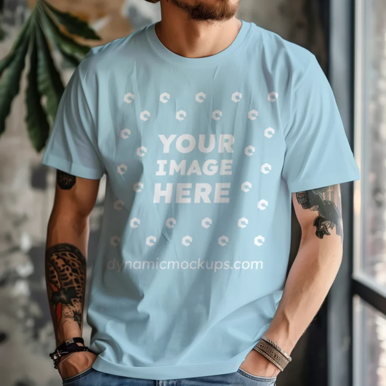 Man Wearing Light Blue T-shirt Mockup Front View Template