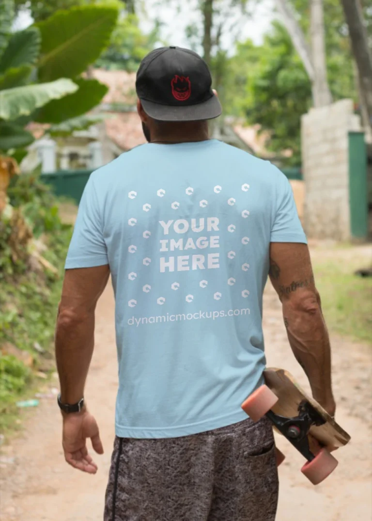 Man Wearing Light Blue T-shirt Mockup Back View Template