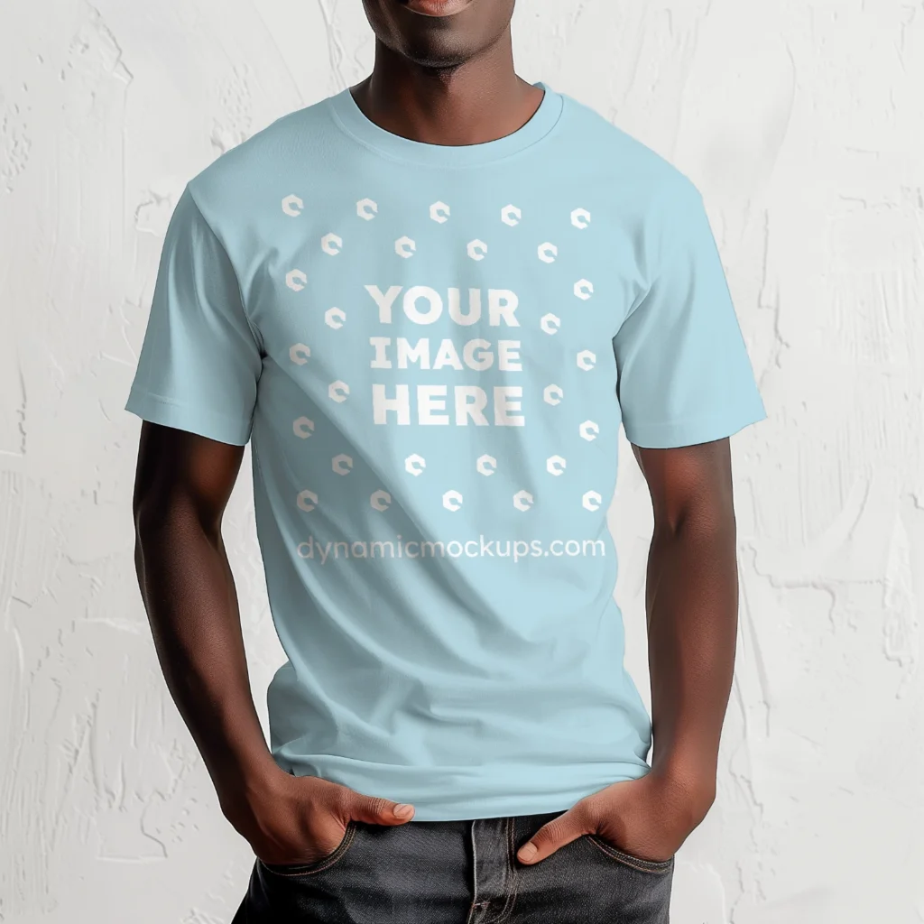 Man Wearing Light Blue T-shirt Mockup Front View Template