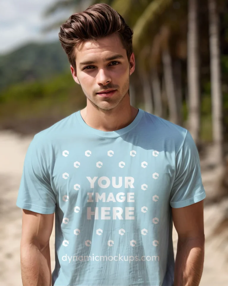 Man Wearing Light Blue T-shirt Mockup Front View Template