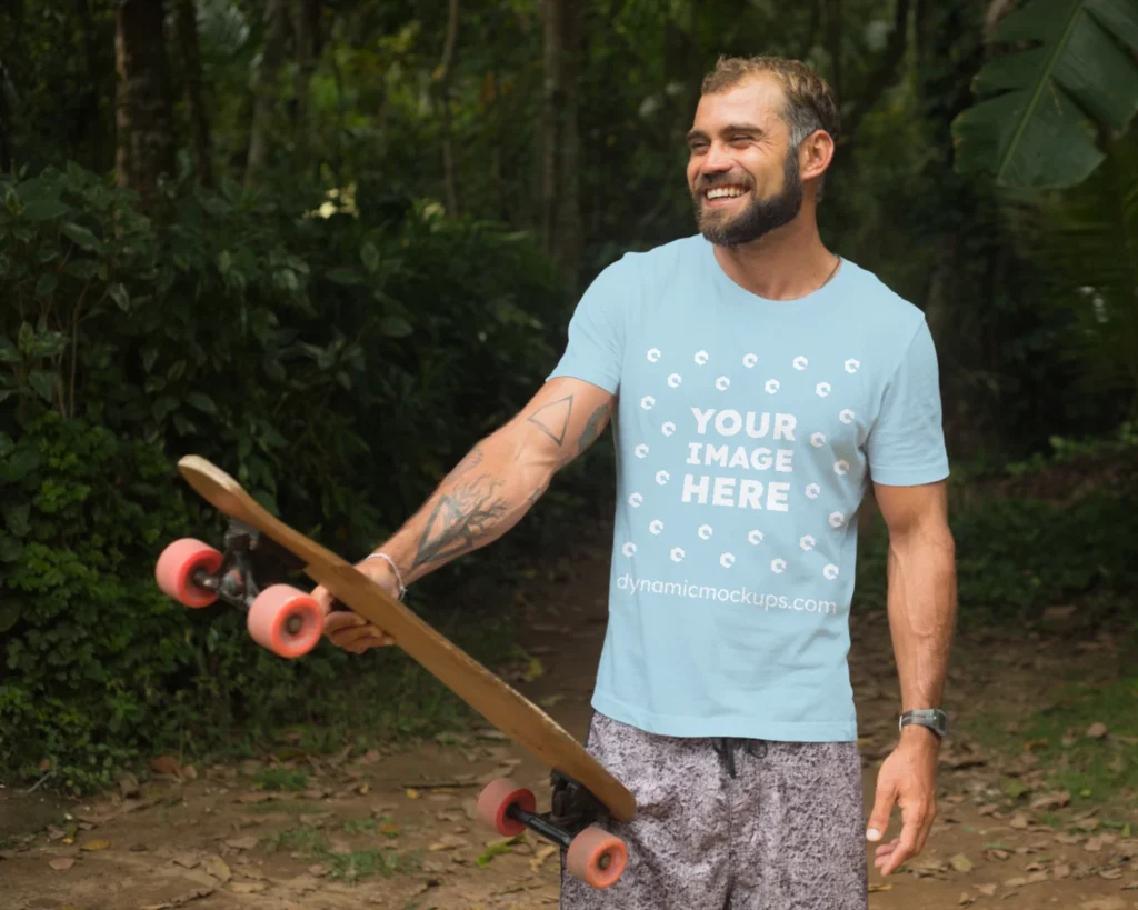 Man Wearing Light Blue T-shirt Mockup Front View Template