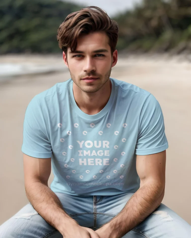 Man Wearing Light Blue T-shirt Mockup Front View Template