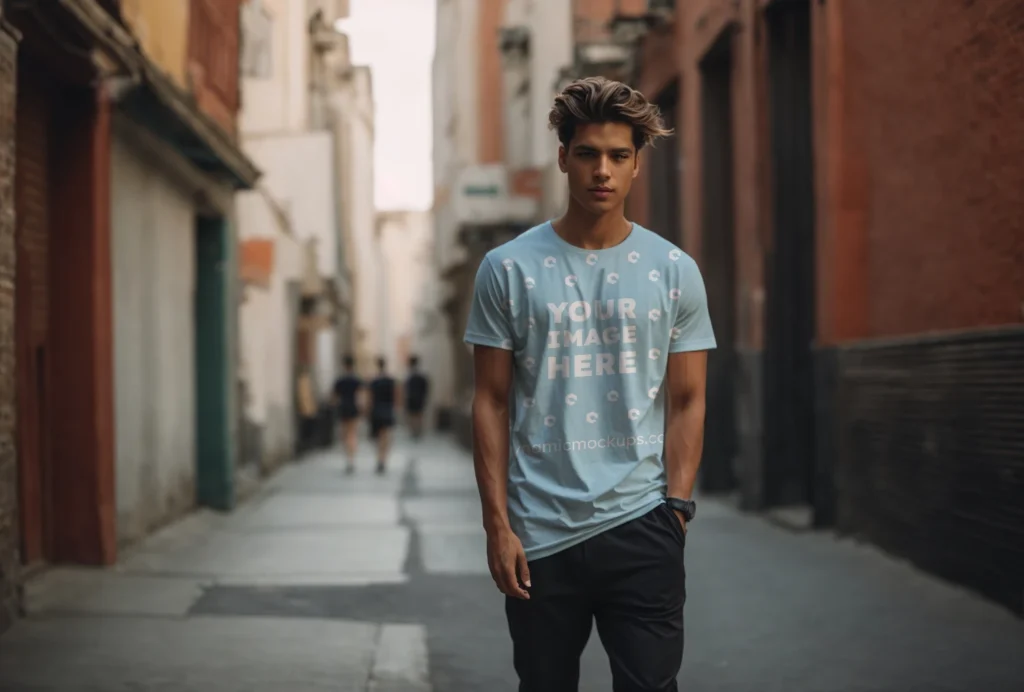 Man Wearing Light Blue T-shirt Mockup Front View Template