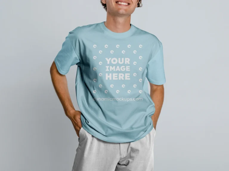 Man Wearing Light Blue T-shirt Mockup Front View Template