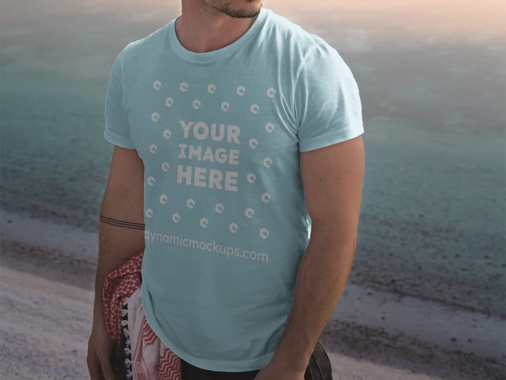 Man Wearing Light Blue T-shirt Mockup Front View Template