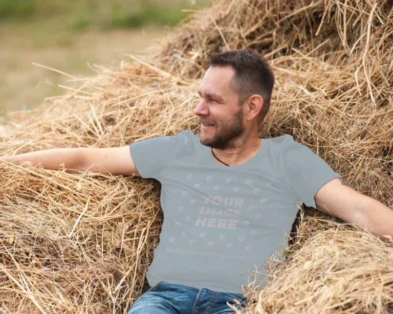 Man Wearing Light Blue T-shirt Mockup Front View Template