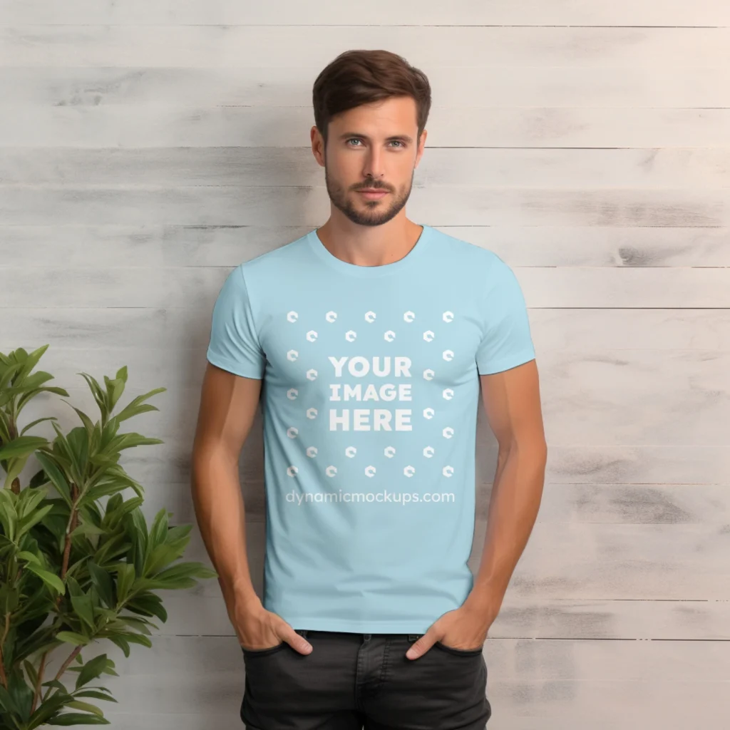 Man Wearing Light Blue T-shirt Mockup Front View Template