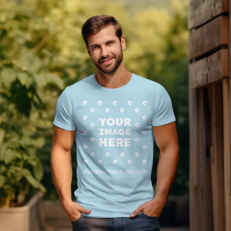 Man Wearing Light Blue T-shirt Mockup Front View Template