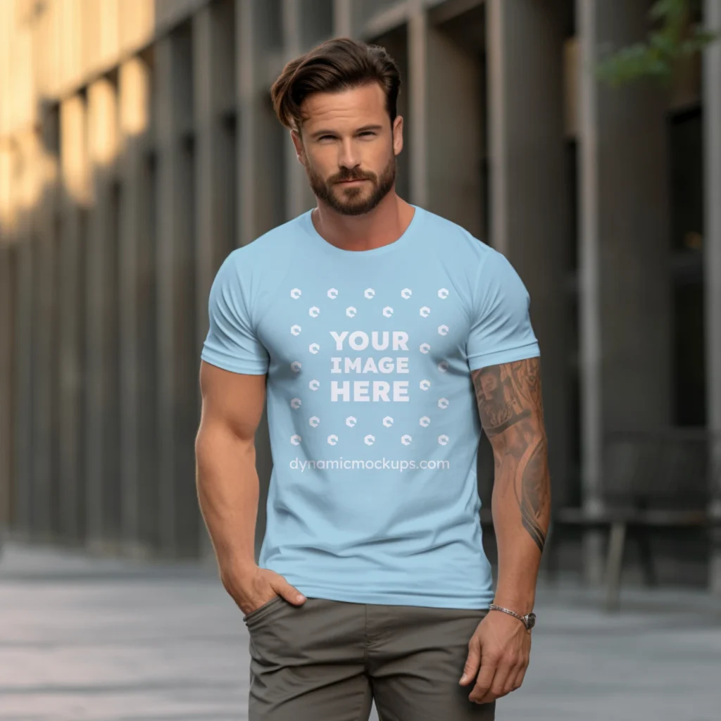 Man Wearing Light Blue T-shirt Mockup Front View Template