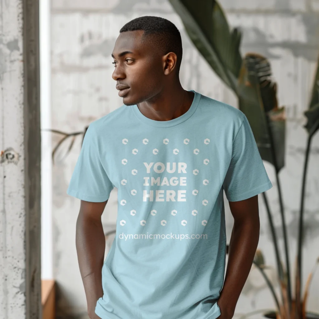 Man Wearing Light Blue T-shirt Mockup Front View Template