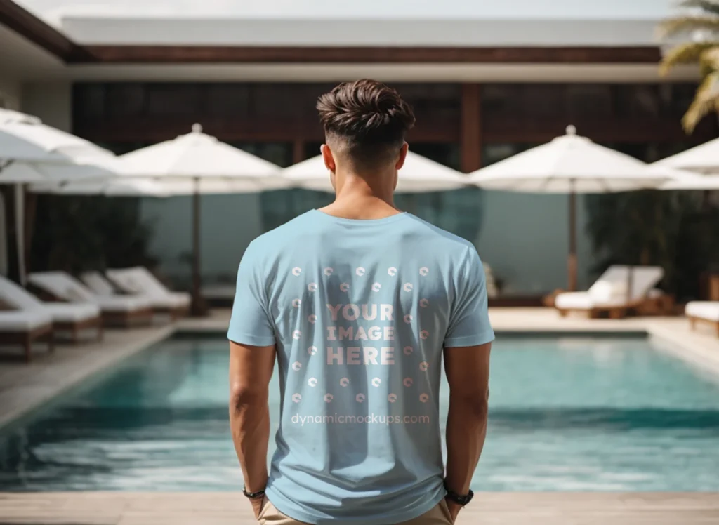 Man Wearing Light Blue T-shirt Mockup Back View Template