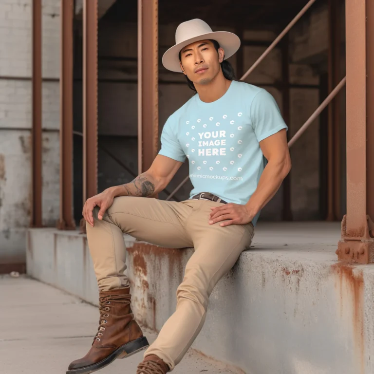 Man Wearing Light Blue T-shirt Mockup Front View Template