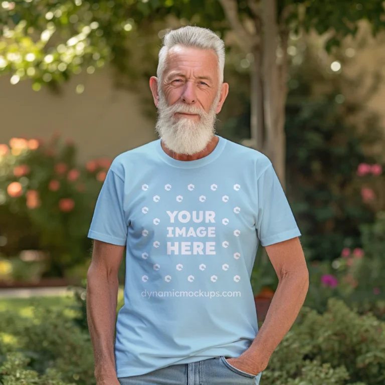 Man Wearing Light Blue T-shirt Mockup Front View Template