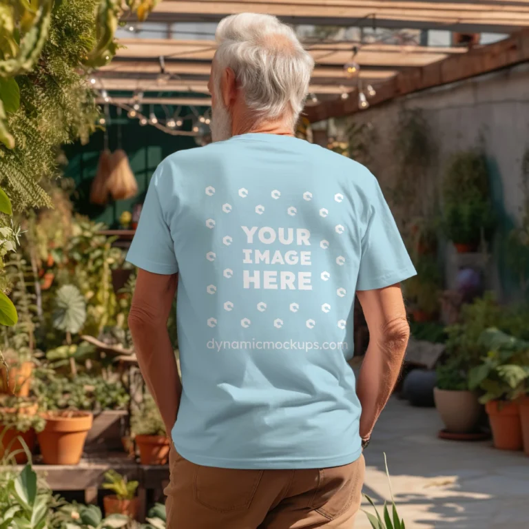 Man Wearing Light Blue T-shirt Mockup Back View Template