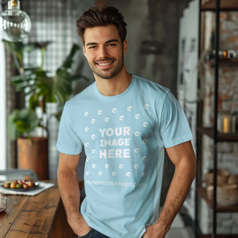 Man Wearing Light Blue T-shirt Mockup Front View Template