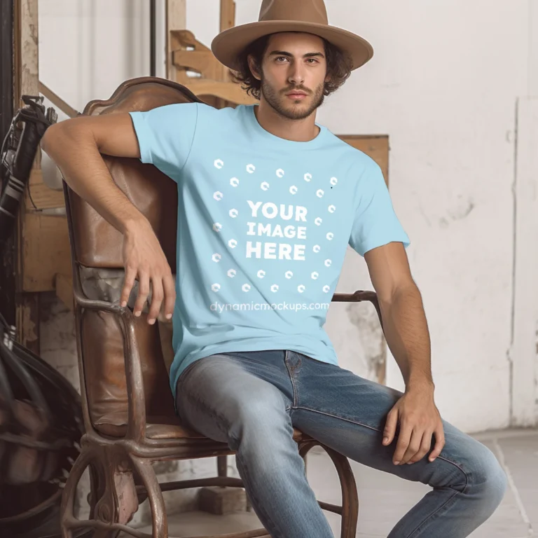 Man Wearing Light Blue T-shirt Mockup Front View Template