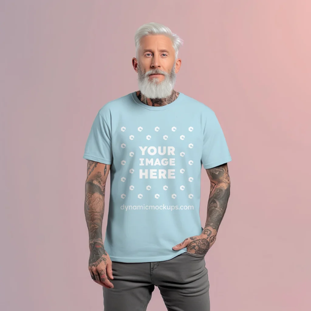 Man Wearing Light Blue T-shirt Mockup Front View Template