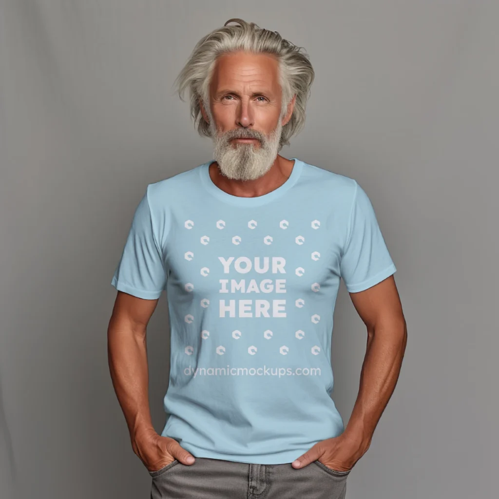 Man Wearing Light Blue T-shirt Mockup Front View Template