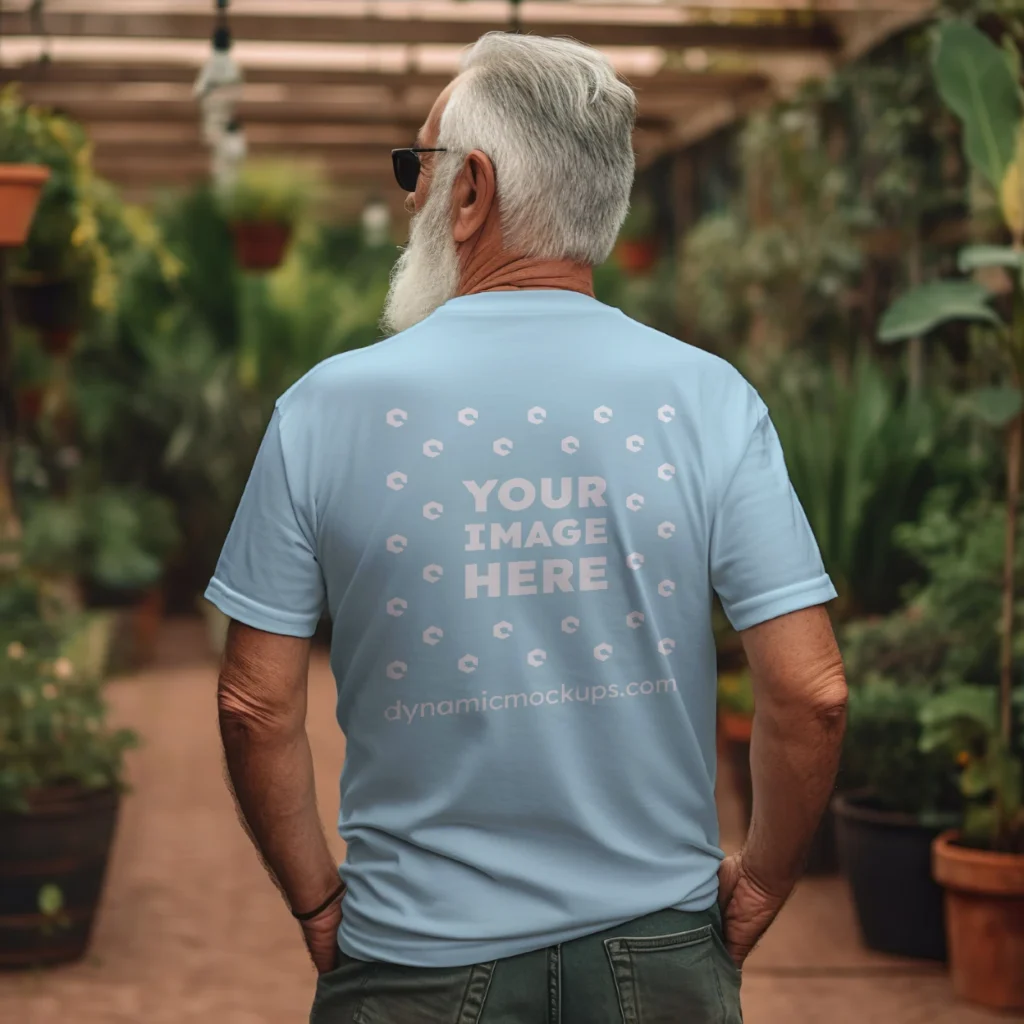 Man Wearing Light Blue T-shirt Mockup Back View Template