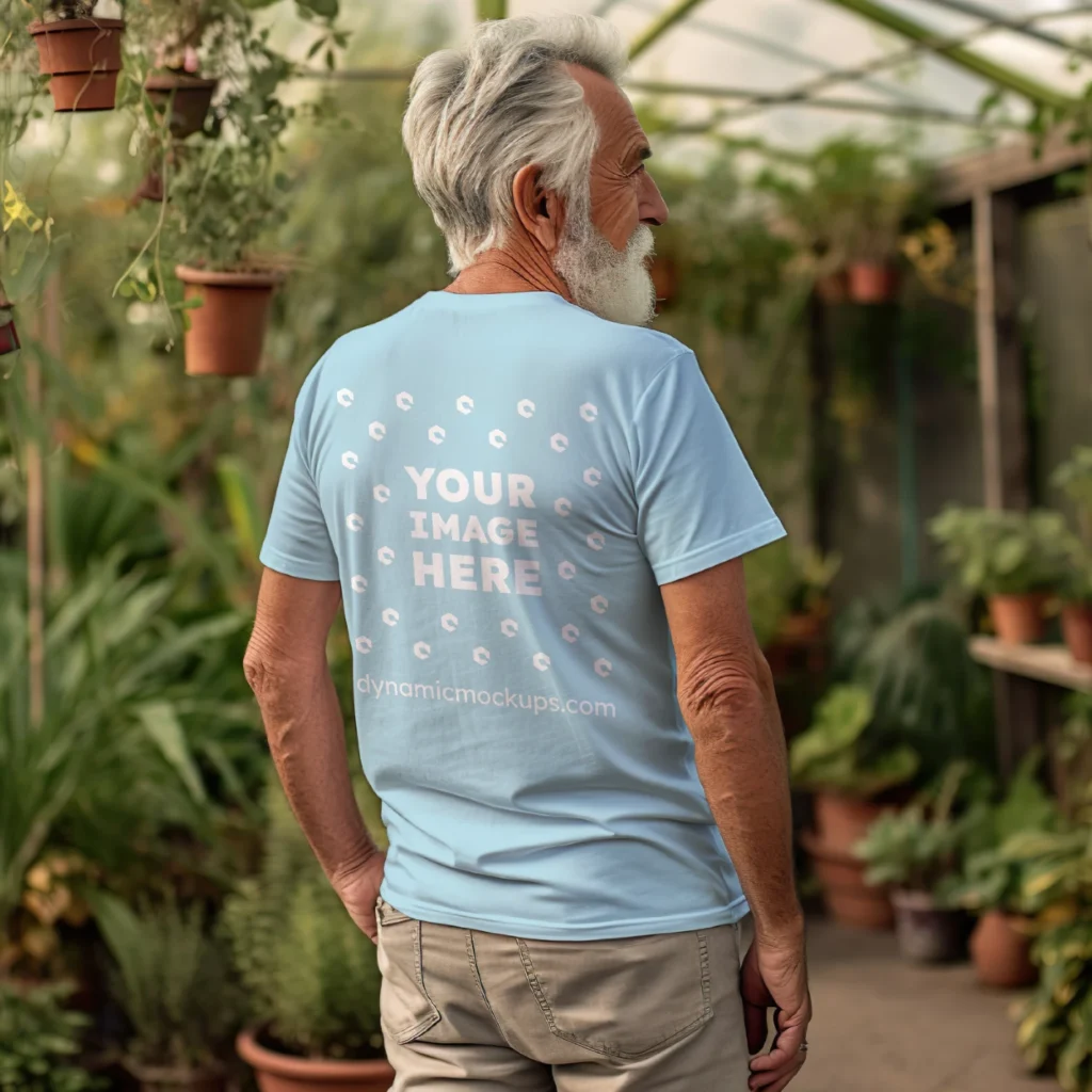 Man Wearing Light Blue T-shirt Mockup Back View Template