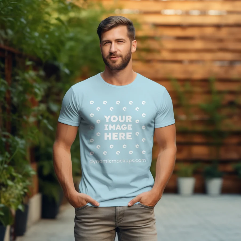 Man Wearing Light Blue T-shirt Mockup Front View Template