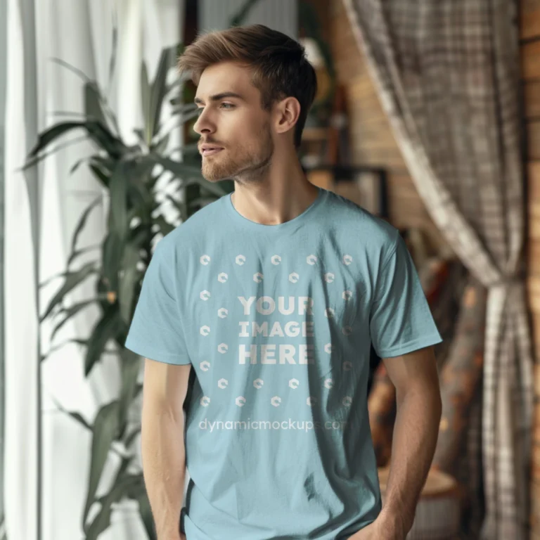 Man Wearing Light Blue T-shirt Mockup Front View Template