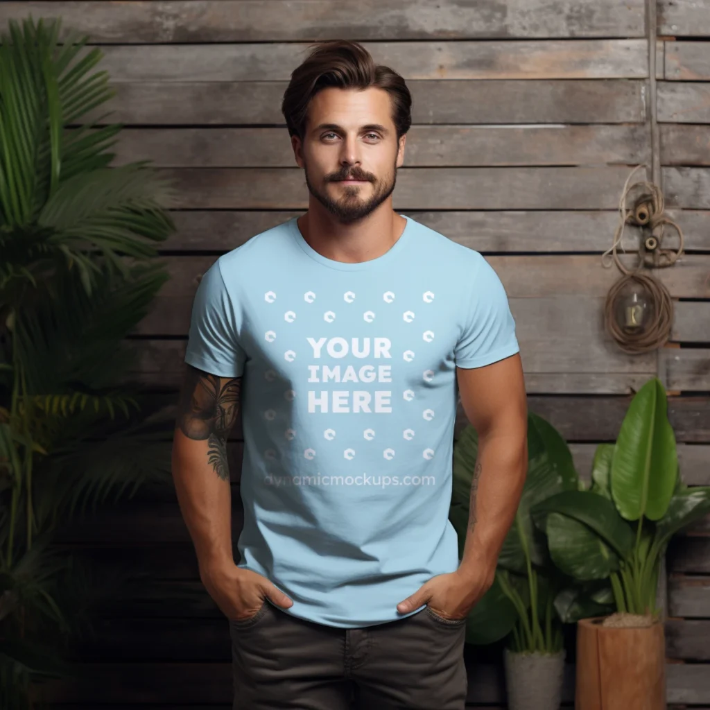 Man Wearing Light Blue T-shirt Mockup Front View Template