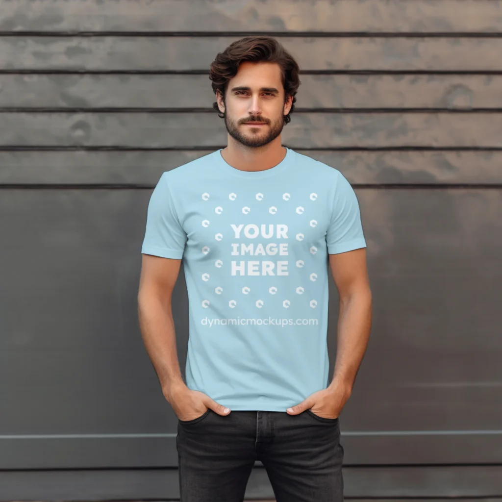 Man Wearing Light Blue T-shirt Mockup Front View Template