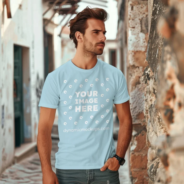 Man Wearing Light Blue T-shirt Mockup Front View Template