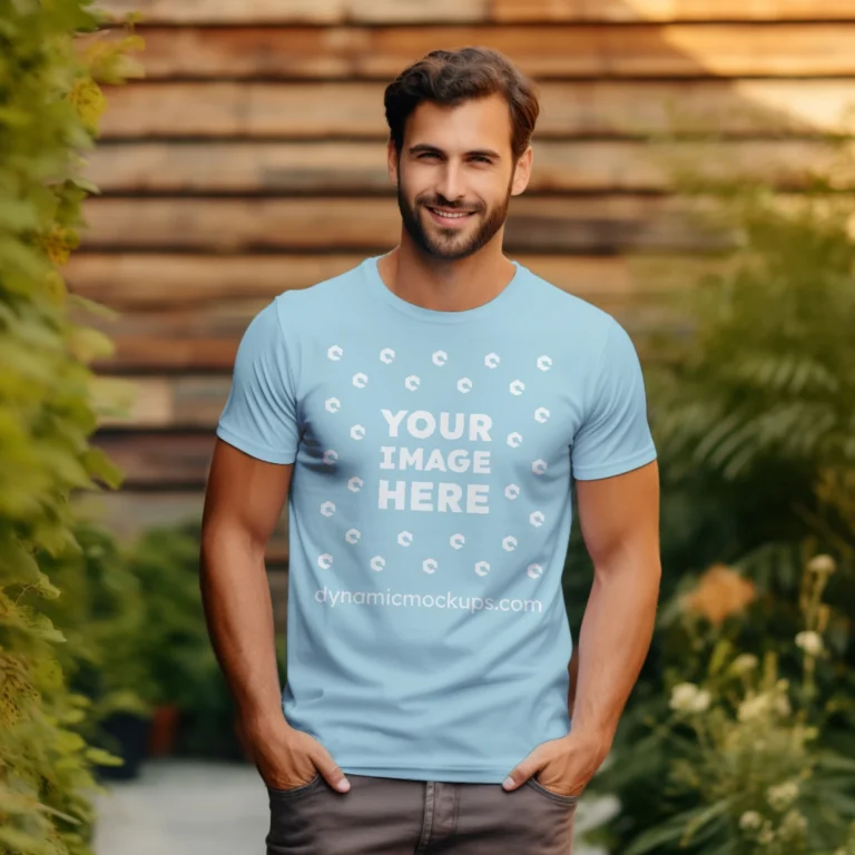 Man Wearing Light Blue T-shirt Mockup Front View Template