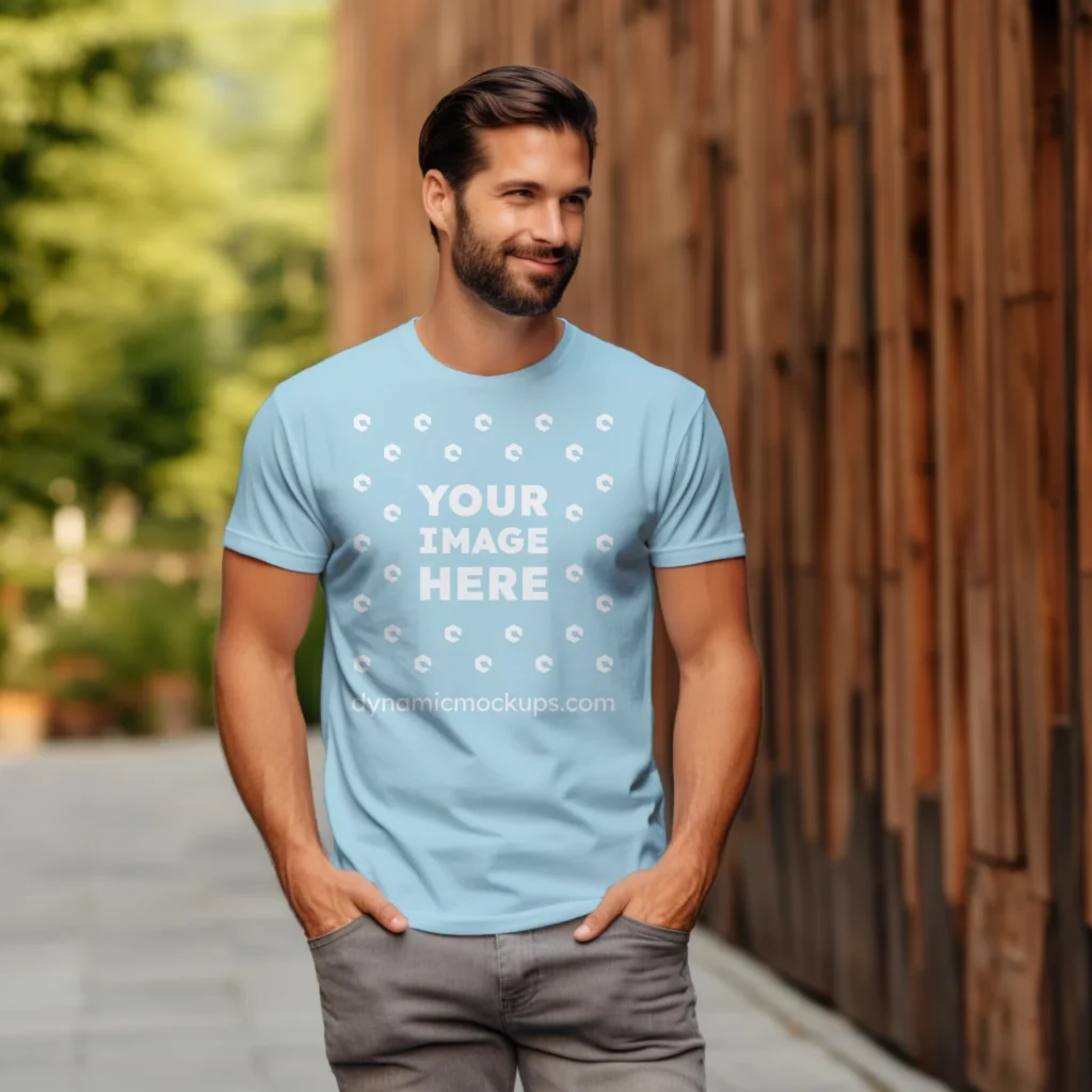 Man Wearing Light Blue T-shirt Mockup Front View Template