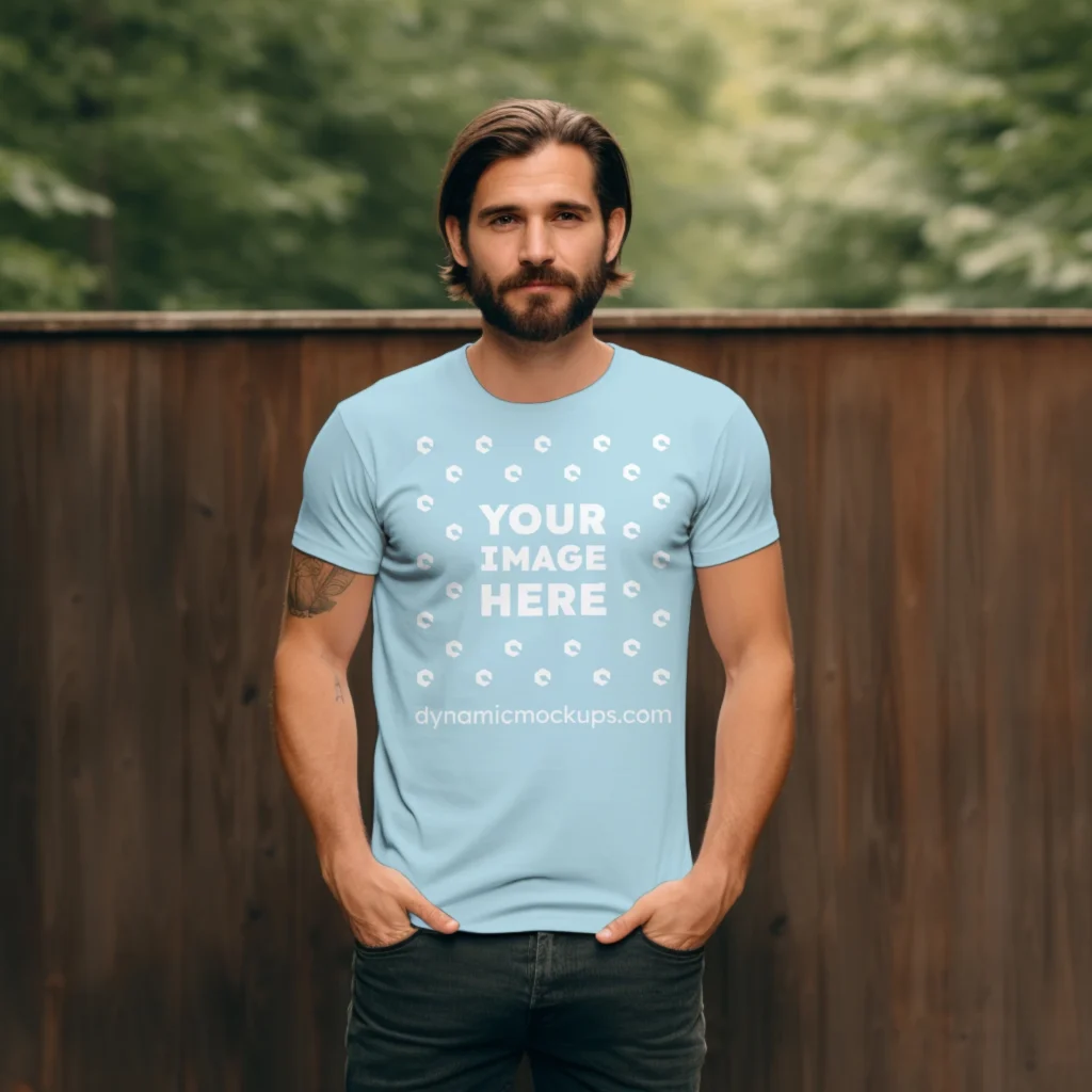 Man Wearing Light Blue T-shirt Mockup Front View Template