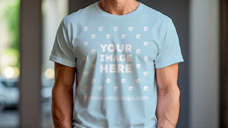 Man Wearing Light Blue T-shirt Mockup Front View Template