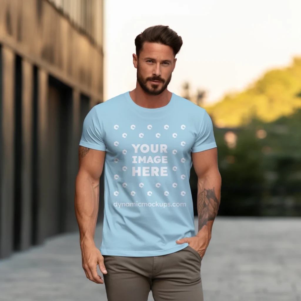 Man Wearing Light Blue T-shirt Mockup Front View Template