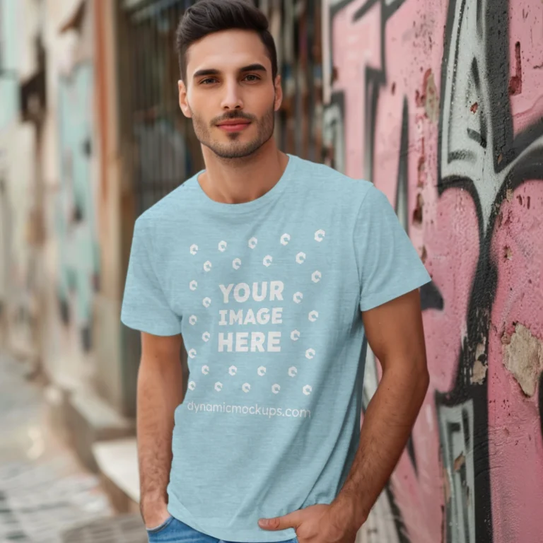 Man Wearing Light Blue T-shirt Mockup Front View Template