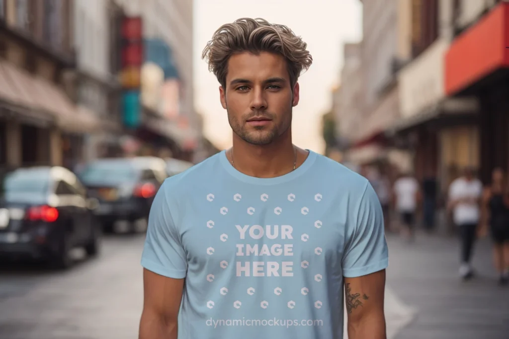 Man Wearing Light Blue T-shirt Mockup Front View Template