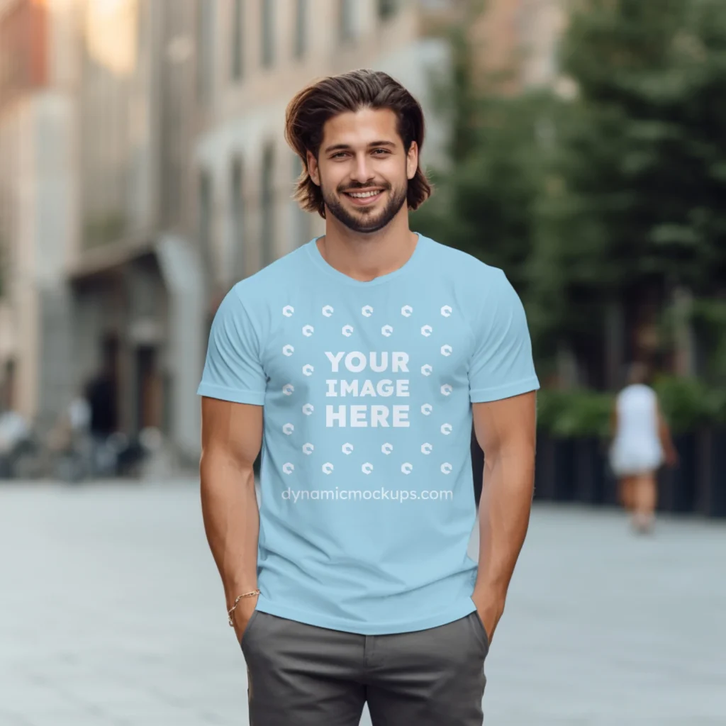 Man Wearing Light Blue T-shirt Mockup Front View Template