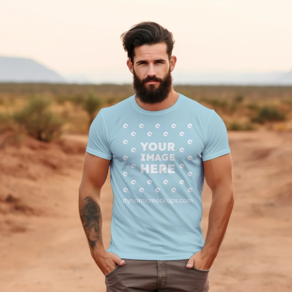 Man Wearing Light Blue T-shirt Mockup Front View Template