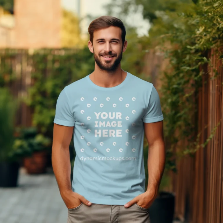 Man Wearing Light Blue T-shirt Mockup Front View Template