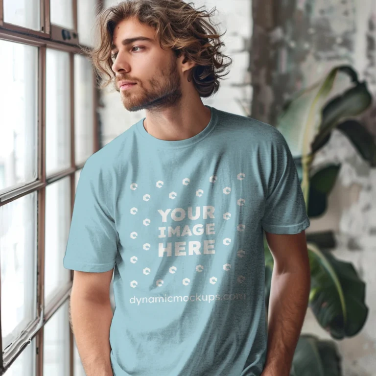 Man Wearing Light Blue T-shirt Mockup Front View Template