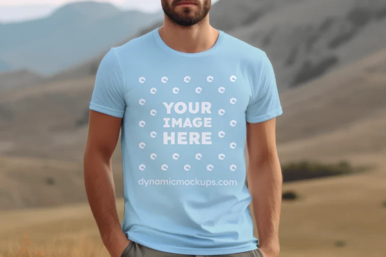 Man Wearing Light Blue T-shirt Mockup Front View Template