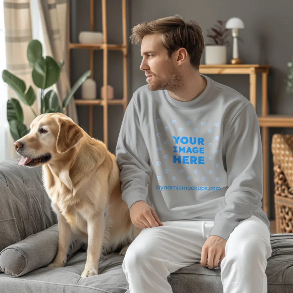 Man Wearing Light Gray Sweatshirt Mockup Front View Template