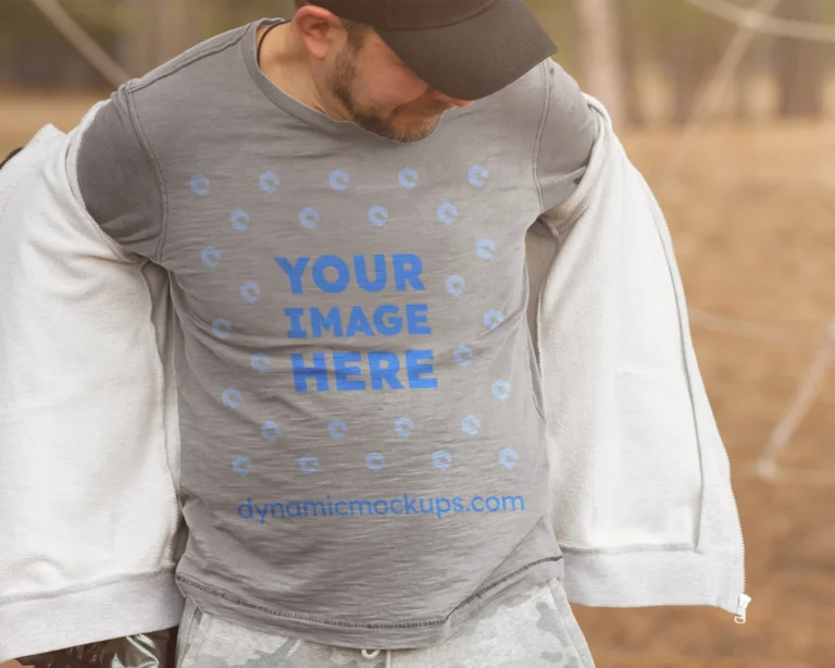 Man Wearing Light Gray Sweatshirt Mockup Front View Template