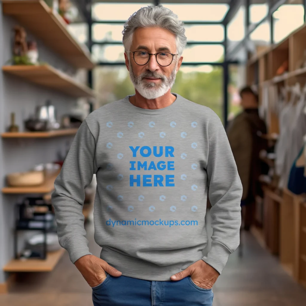 Man Wearing Light Gray Sweatshirt Mockup Front View Template