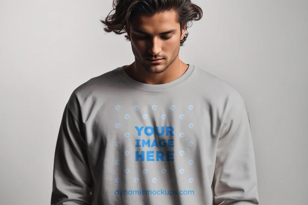 Man Wearing Light Gray Sweatshirt Mockup Front View Template